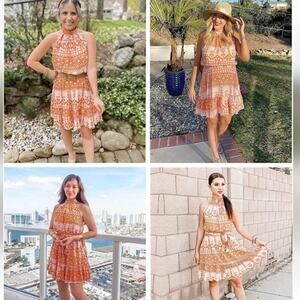 BTFBM Floral Dress Summer Sleeveless Halter Neck Ruffle No Belt Boho Medium